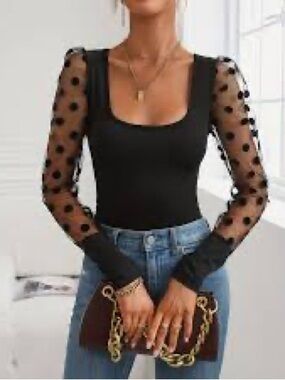 BiBi Black Polka Dot Mesh Sleeve Square Neck Bodysuit